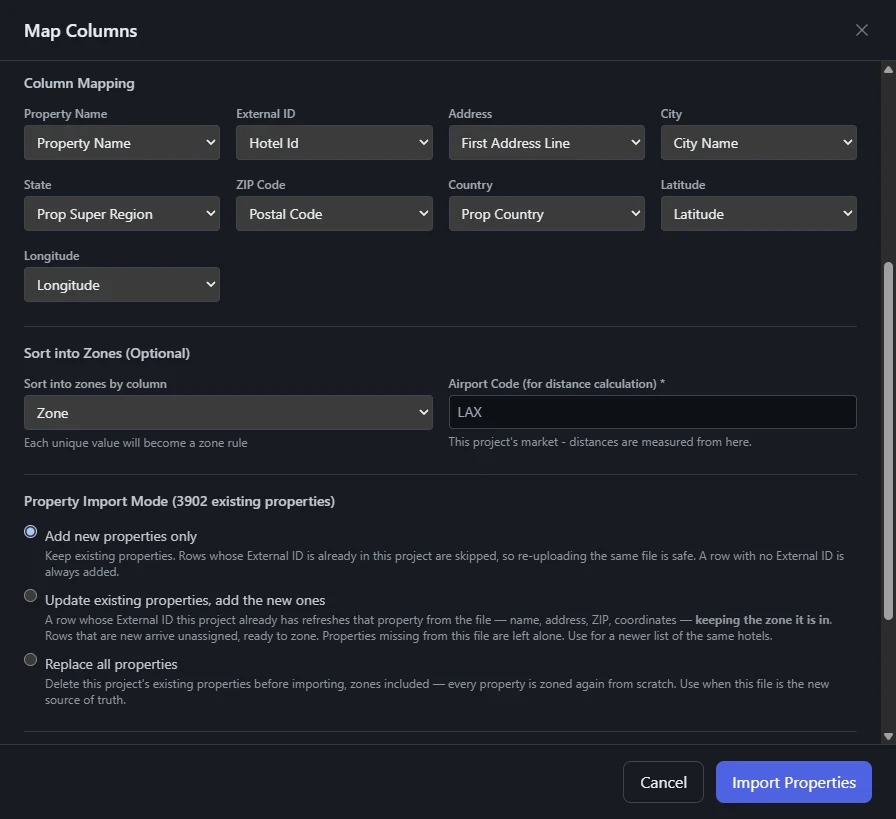 The upload dialog: the columns of the file matched to fields, and the choice between adding new hotels, updating existing ones and replacing them all