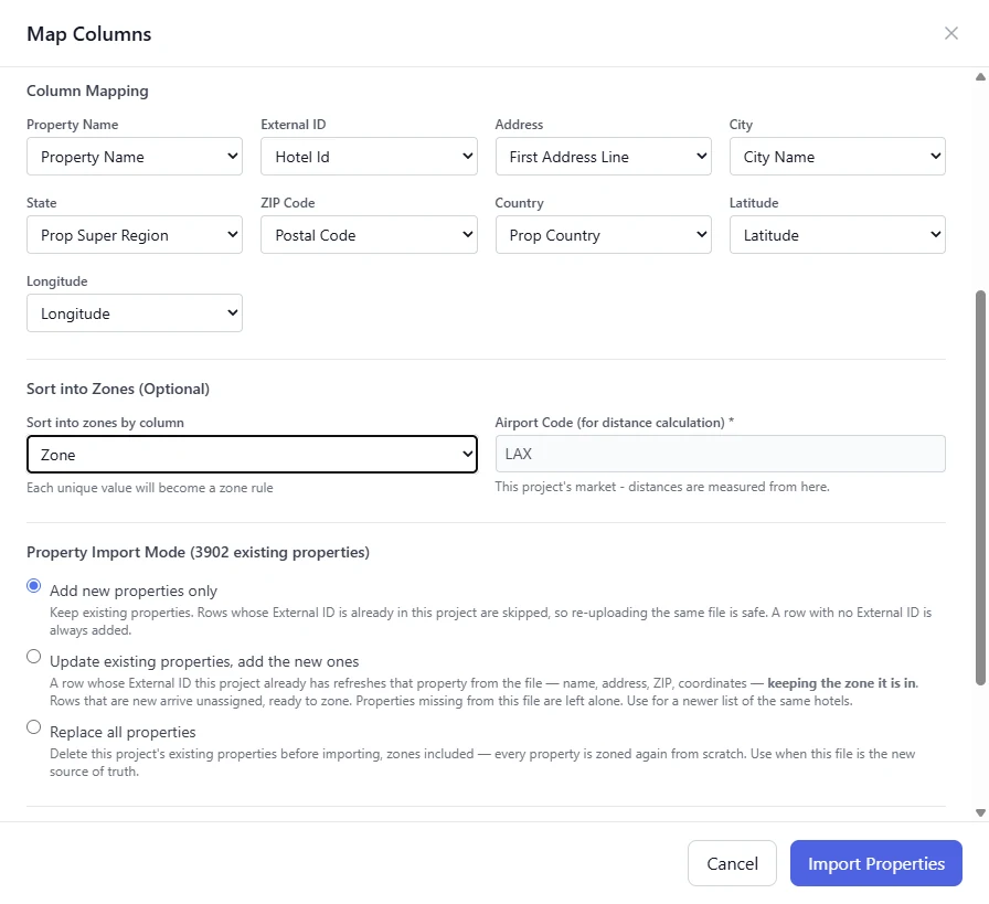 The upload dialog: the columns of the file matched to fields, and the choice between adding new hotels, updating existing ones and replacing them all