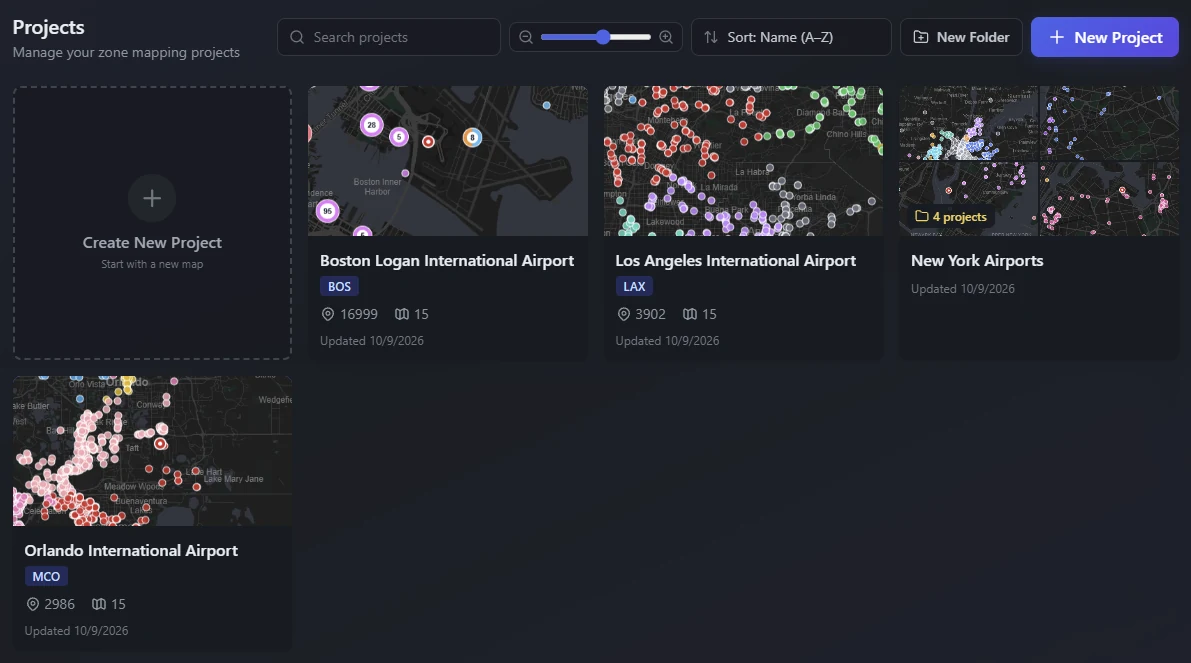 The project dashboard: a tile per hotel file with its map thumbnail, airport code, hotel and zone counts, and a folder holding four New York projects