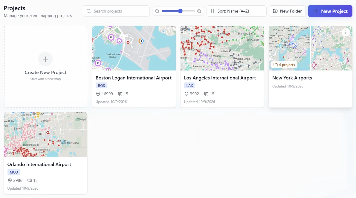 The project dashboard: a tile per hotel file with its map thumbnail, airport code, hotel and zone counts, and a folder holding four New York projects
