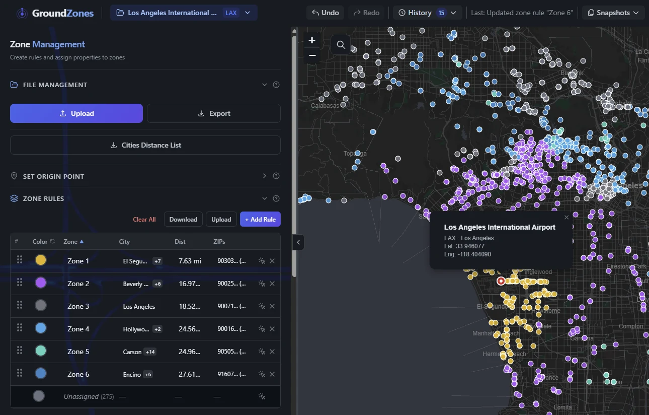 A Los Angeles project on the map: hotels as pins coloured by zone around the airport, with the zone rule table alongside