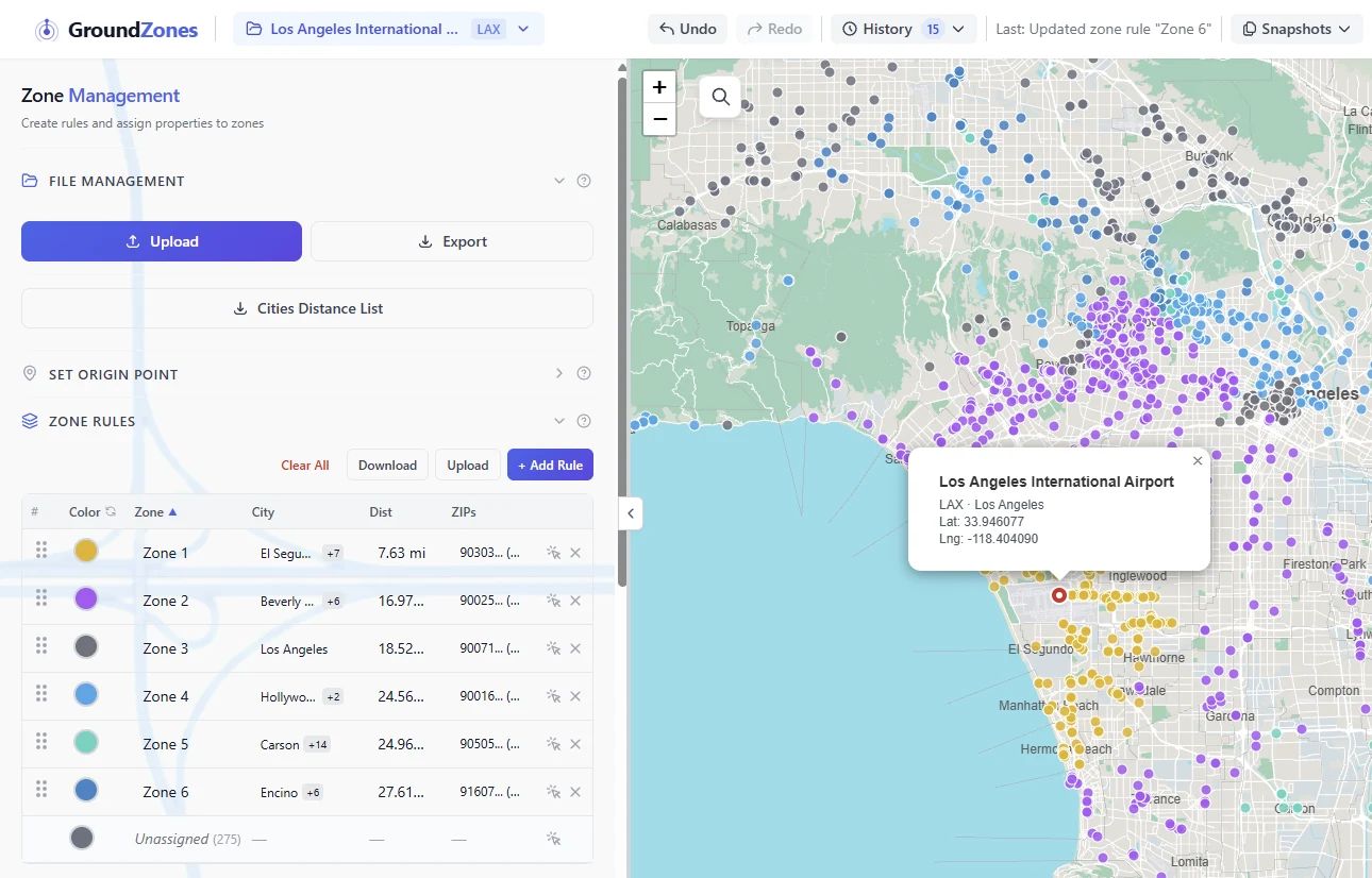 A Los Angeles project on the map: hotels as pins coloured by zone around the airport, with the zone rule table alongside