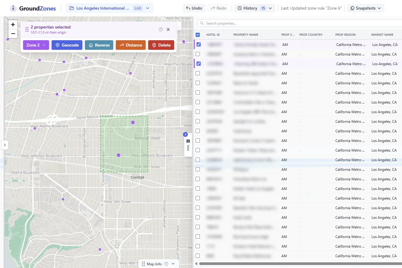 The table beside the map: two hotels boxed on the map are the two rows ticked in the table, under the column headers the file came with